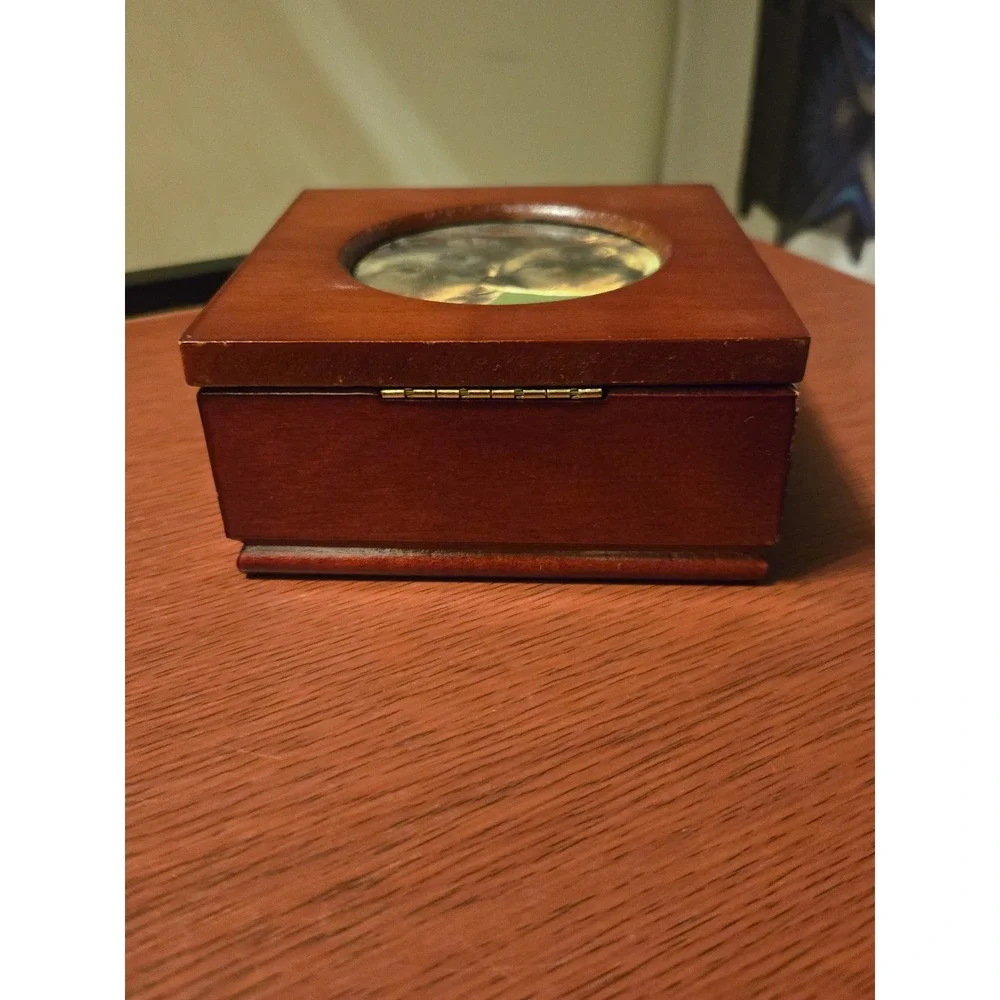 Kmart Vintage Wooden Jewelry Box Puppy Photo Lid Cherry Finish Ring Organizer